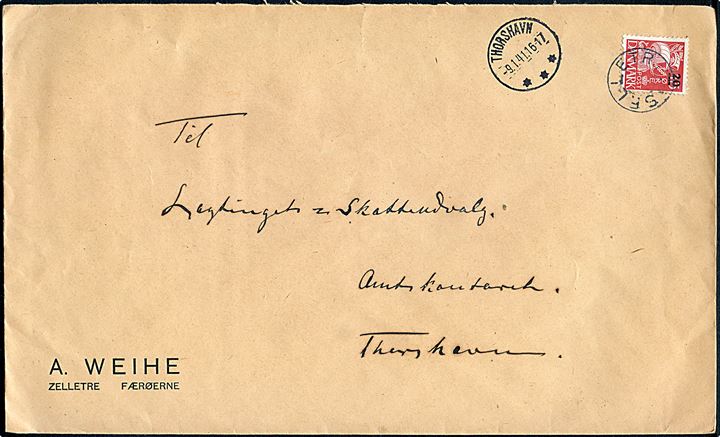 20/15 øre Provisorium på stort brev annulleret med udslebet stjernestempel SELLETRÆ og sidestemplet Thorshavn d. 9.1.1941 til Amtskontoret i Thorshavn.