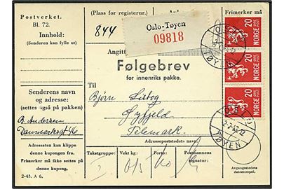 20 øre Løve (3) på adressekort for pakke fra Oslo d. 2.7.1943 til Øyfjell.