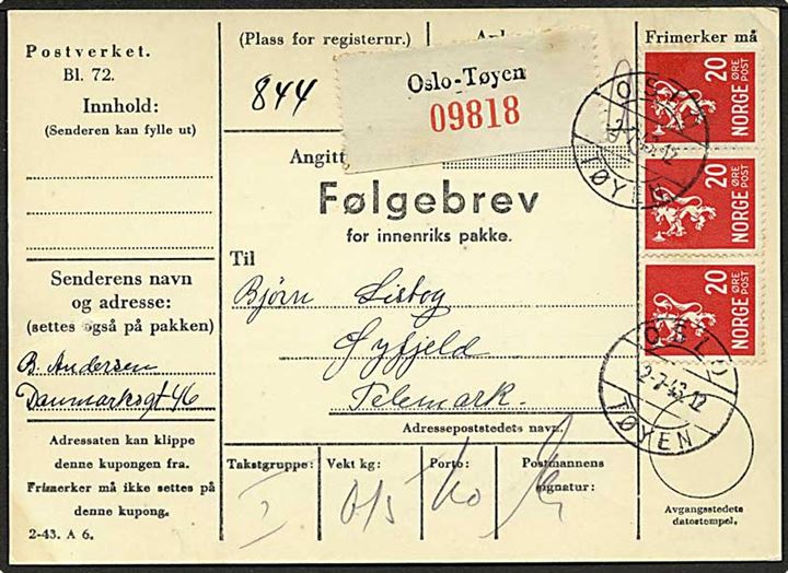 20 øre Løve (3) på adressekort for pakke fra Oslo d. 2.7.1943 til Øyfjell.