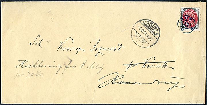 8 øre Tofarvet omv. rm. på brev annulleret med stjernestempel PEIRUP til Krarup Sogneraad pr. Krointh - eftersendt til pr. Kværndrup med brotype Ia Corinth d. 6.12.1901.