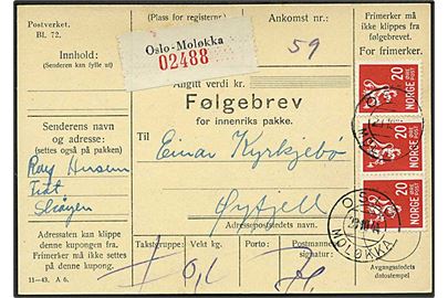 20 øre Løve (3) på adressekort for pakke fra Oslo d. 23.10.1944 til Øyfjell.