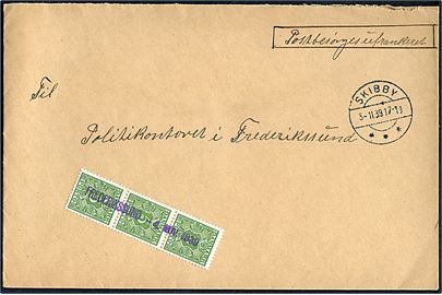 Ufrankeret brev fra Skibby d. 3.11.1939 til Politikontoret i Frederikssund. Udtakseret i enkeltporto med 5 øre Portomærke i 3-stribe annulleret med kontorstempel Frederikssund d. 4.5.1939.