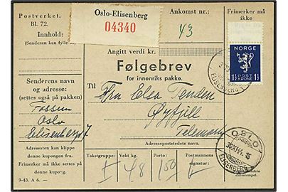 1½ kr. Løve single på adressekort for pakke fra Oslo d. 30.11.1944 til Øyfjell.