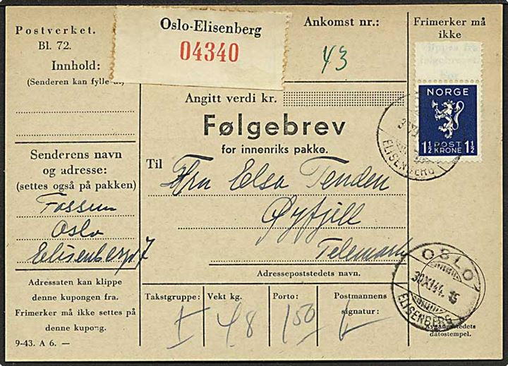 1½ kr. Løve single på adressekort for pakke fra Oslo d. 30.11.1944 til Øyfjell.