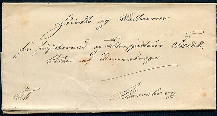 1853. Tjenestebrev fra det kongelige Overtoldinspectorat for Hertugdømmet Slesvig i Flensborg med indhold dateret d. 5.4.1853 til hr. Justitsraad og Toldinspectør Falck, Ridder af Dannebrog i Flensborg.