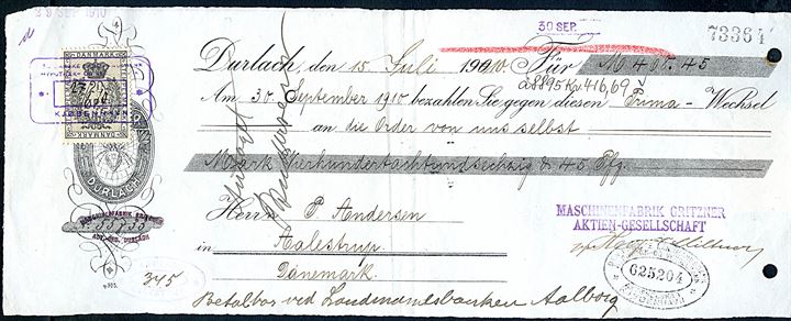 20 øre Stempelmærke med perfin LB på veksel fra Durlach, Tyskland via Landmandsbanken i Kjøbenhavn d. 27.9.1910 til Aalestrup. Arkiv huller.