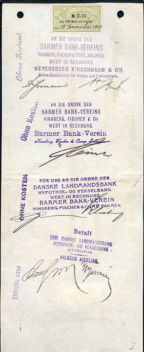 20 øre Stempelmærke med perfin LB på veksel fra Solingen, Tyskland via Landmandsbanken i Kjøbenhavn d. 12.1.1910 til Aalestrup. Arkiv huller.