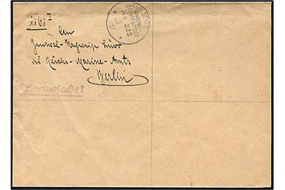 Ufrankeret marinepost genbrugskuvert stemplet Kais. Deutsche Marineschiffspost No. 222 d. 23.9.1917 til Berlin. Fra S.M.H. Prinz Waldemar - tidligere postdamper på Korsør - Kiel ruten.