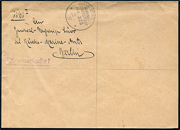 Ufrankeret marinepost genbrugskuvert stemplet Kais. Deutsche Marineschiffspost No. 222 d. 23.9.1917 til Berlin. Fra S.M.H. Prinz Waldemar - tidligere postdamper på Korsør - Kiel ruten.