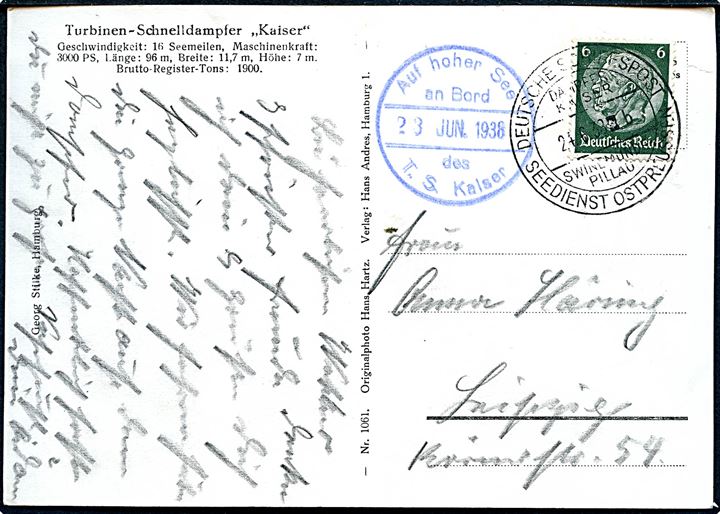 6 pfg. Hindenburg på brevkort (Turbinen-Schnelldampfer Kaiser) annulleret med skibsstempel Deutsche Seepost Dampfer Kaiser Swinemünde - Pillau Seedienst Ostpreussen d. 24.6.1938 og sidestemplet Auf hoher See an Bord des T.S. Kaiser d. 23.6.1938 til Leipzig.
