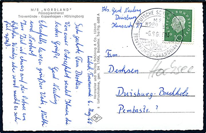10 pfg. Heuss på brevkort (M/S Nordland) annulleret med skibsstempel Deutsche Schiffspost MS Nordland Travemünde-Skandinavien d. 6.8.1960 til Duisburg, Tyskland.