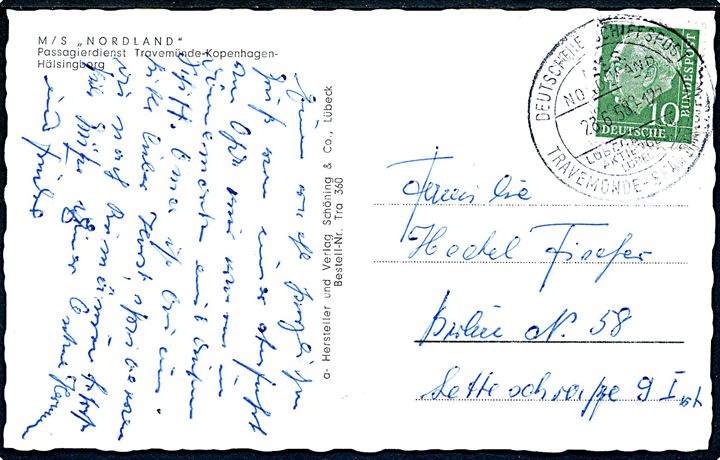 10 pfg. Heuss på brevkort (M/S Nordland, Travemünde-Kopenhagen-Helsingborg) annulleret med skibsstempel Deutsche Schiffspost MS Nordland / Travemünde - Skandinavien d. 28.6.1958 til Berlin, Tyskland.