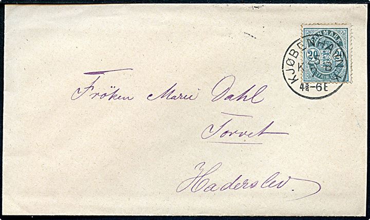 20 øre Våben på brev annulleret med lapidar Kjøbenhavn KB d. 25.7.1890 til Haderslev, Nordslesvig.