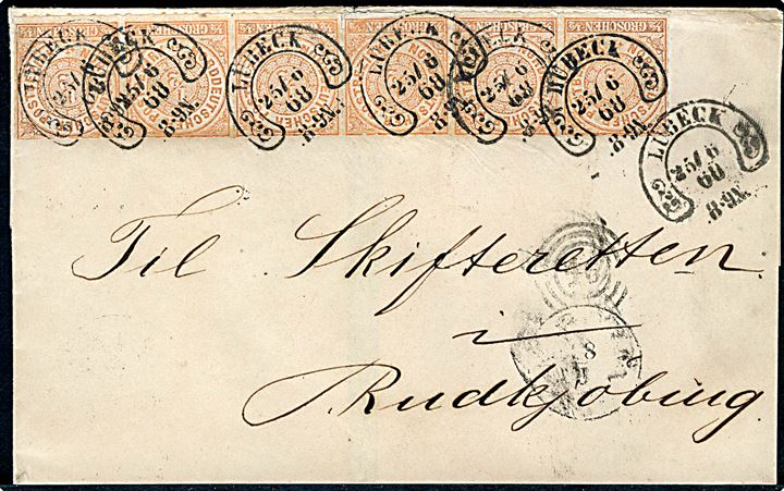 ½ gr. Ciffer stukken kant i vandret 6-stribe på brev annulleret med hesteskostempel i Lübeck d. 25.6.1868 via Kiel og 46/Nyborg til Rudkjøbing, Langeland, Danmark.