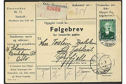 1 kr. Haakon single på adressekort for pakke fra Oslo d. 9.9.1946 til Øyfjell. 