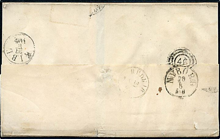 ½ gr. Ciffer stukken kant i vandret 6-stribe på brev annulleret med hesteskostempel i Lübeck d. 25.6.1868 via Kiel og 46/Nyborg til Rudkjøbing, Langeland, Danmark.