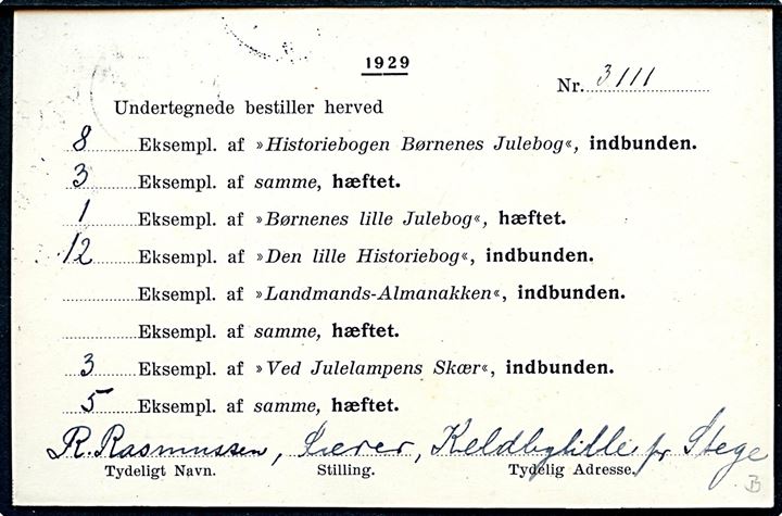 7 øre Bølgelinie på tryksag annulleret med stjernestempel KJELDBY 1929 til Vammen pr. Viborg.