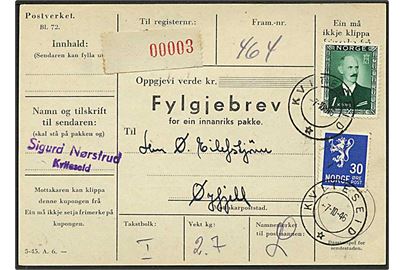 30 øre Løve og 1 kr. Haakon på adressekort for pakke fra Kviteseid d. 7.10.1946 til Øyfjell.