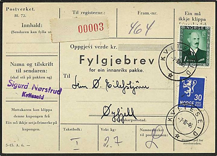 30 øre Løve og 1 kr. Haakon på adressekort for pakke fra Kviteseid d. 7.10.1946 til Øyfjell.