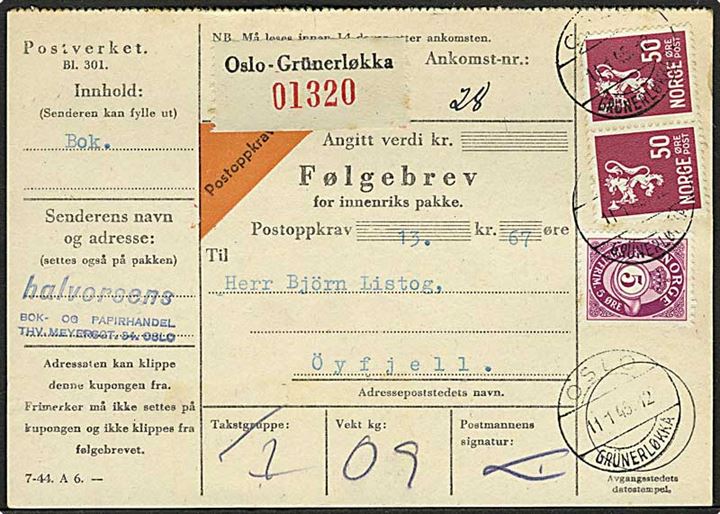 50 øre Løve (2) og 5 øre Posthorn på adressekort for pakke med opkrævning fra Oslo d. 11.1.1945 til Øyfjell.
