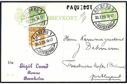 7 øre helsagsbrevkort (fabr. 91-H) opfrankeret med 1 øre og 7 øre Bølgelinie fra Rønne annulleret m. tysk stempel i Kolberg d. 30.7.1929 og sidestemplet “Paquebot” til Friedrichshafen, Tyskland.
