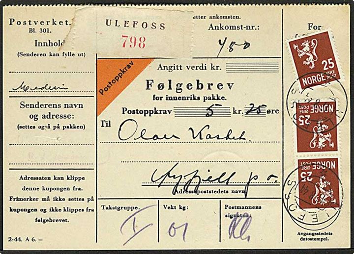 25 øre Løve (3) på adressekort for pakke med opkrævning fra Ulefoss d. 17.8.1944 til Øyfjell.