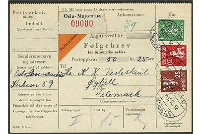 20 øre, 25 øre og 1 kr. Løve på adressekort med opkrævning fra Oslo d. 6.12.1945 til Øyfjell.