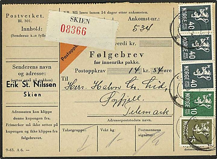 10 øre, 15 øre og 40 øre (3) Løve på adressekort for pakke med opkrævning fra Skien d. 20.9.1944 til Øyfjell.