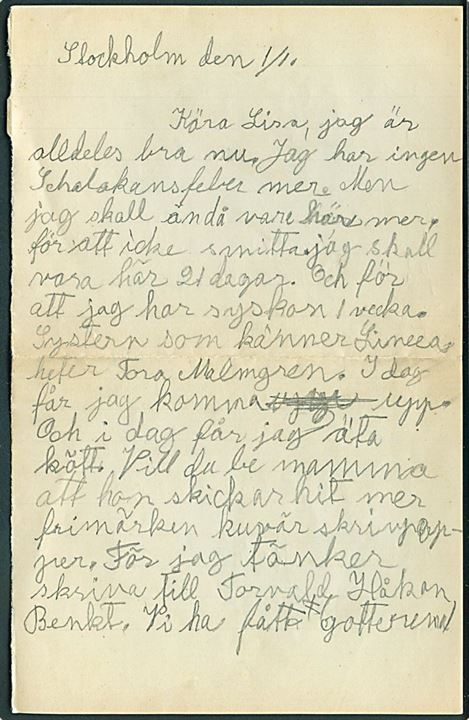5 öre Gustaf på brev sendt lokalt i Stockholm d. 2.1.1913. Rammestempel “DESINFEKTERADT”. Fuldt indhold fra barn som er i karantæne på epidemisygehus med skarlagensfeber. Interessant tidsbillede.