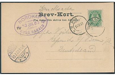 5 øre Posthorn på brevkort (Nordkap) sendt som tryksag og stemplet Nordkap d. 24.7.1903 og sidestemplet med ovalt stempel: Nordkap * Kong Harald * d. 23.7.1903 til Kessench, Tyskland.