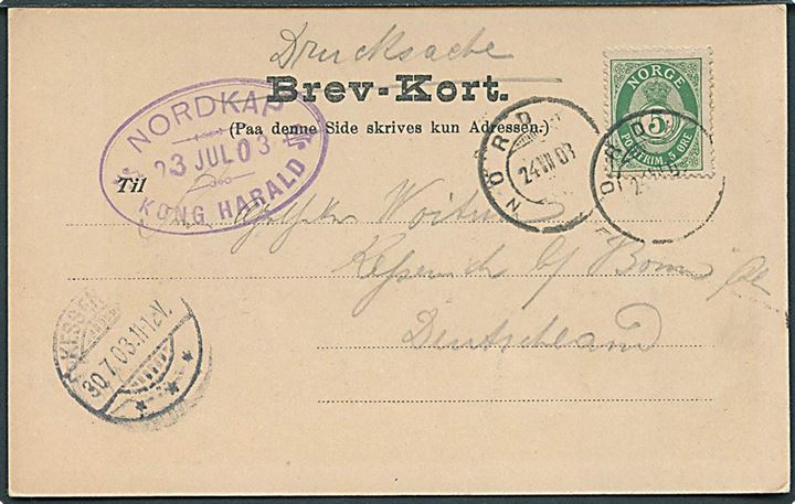 5 øre Posthorn på brevkort (Nordkap) sendt som tryksag og stemplet Nordkap d. 24.7.1903 og sidestemplet med ovalt stempel: Nordkap * Kong Harald * d. 23.7.1903 til Kessench, Tyskland.