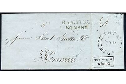 1837. Foldebrev med rammestempel Helsingør d. 21.3. 1837 via Hamburg d. 24.3.1837 og Riga til Pernau i Estland. Daka type 6: 3000,-