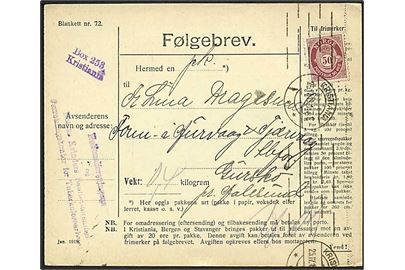 50 øre Posthorn single på adressekort for pakke fra Kristiania d. 25.11.1919 til Gurskø