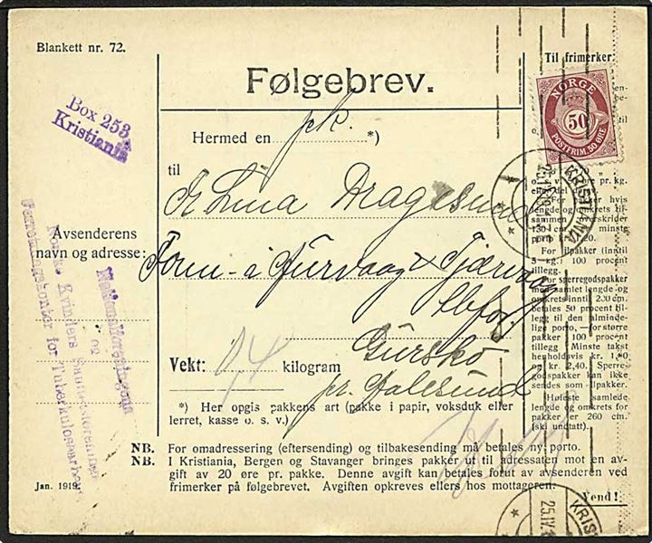 50 øre Posthorn single på adressekort for pakke fra Kristiania d. 25.11.1919 til Gurskø