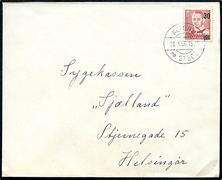 30/20 øre Provisorium på brev annulleret med pr.-stempel Keldby pr. Stege d. 20.1.1956 til Helsingør.
