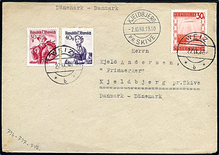 1 sh. blandingsfrankeret brev fra Weiz d. 27.9.1948 til Kjeldbjerg pr. Skive, Danmark. Ank.stemplet med pr.-stempel Kjeldbjerg pr. Skive d. 2.10.1948.