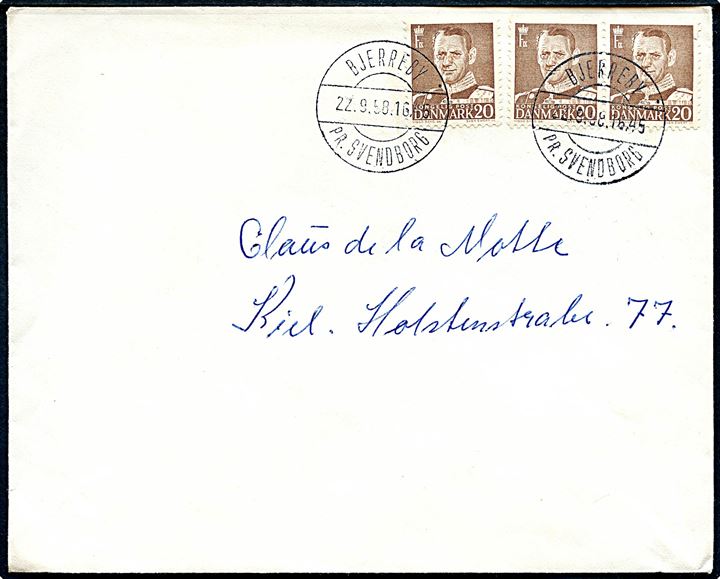 20 øre Fr. IX (3) på brev annulleret med pr.-stempel Bjerreby pr. Svendborg d. 22.9.1958 til Kiel, Tyskland.