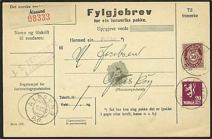 20 øre Løve og 50 øre Posthorn på adressekort for pakke fra Ålesund d. 15.6.1926 til Gurskø.