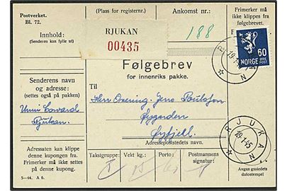 60 øre Løve single på adressekort fra Rjukan d. 19.1.1945 til Øyfjell. Rjukan kendt for det nærliggende Tungt Vands-anlæg i Vemork.