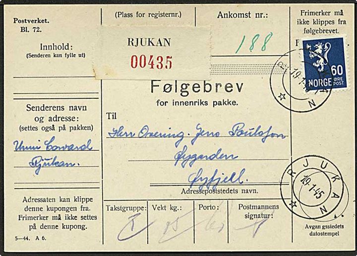 60 øre Løve single på adressekort fra Rjukan d. 19.1.1945 til Øyfjell. Rjukan kendt for det nærliggende Tungt Vands-anlæg i Vemork.