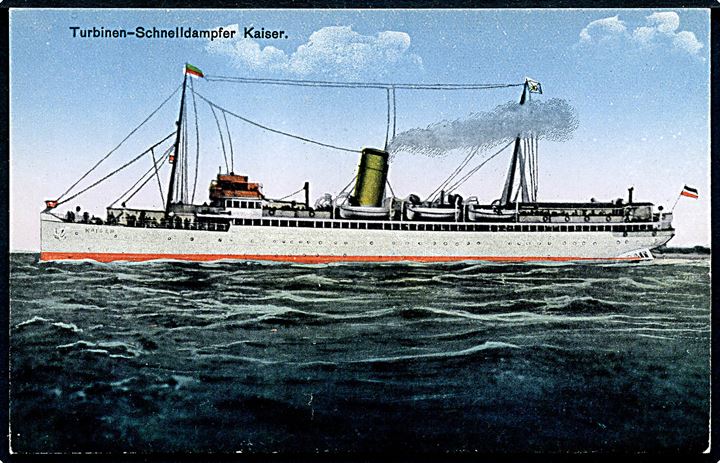 Kaiser, S/S, Turb.-Dampfer fra Hapag Seebäderdienst G.m.b.H. På bagsiden stemplet: Auf hoher See an Bord des Turb.-Dampfer Kaiser d. 5.8.1927.