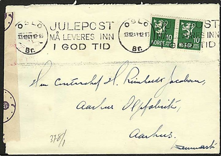 10 øre Løve i parstykke på brev fra Oslo d. 13.12.1943 til Aarhus, Danmark. Åbnet af tysk censur i Oslo.