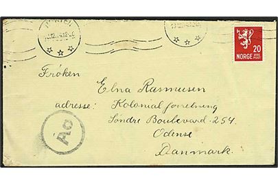 20 øre Løve på brev fra Horten d. 18.12.1944 til Odense, Danmark. Passér stemplet med beskadiget Ao stempel ved den tyske censur i Oslo.