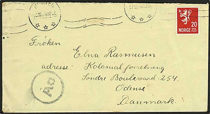 20 øre Løve på brev fra Horten d. 18.12.1944 til Odense, Danmark. Passér stemplet med beskadiget Ao stempel ved den tyske censur i Oslo.