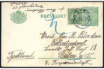 5 öre helsagsbrevkort opfrankeret med 5 öre Gustaf fra Västerås d. 13.4.1915 til svensker i Landw. Inf. Regt. 18 i Culm, Tyskland. Meddelelse skrevet af hustru på svensk.