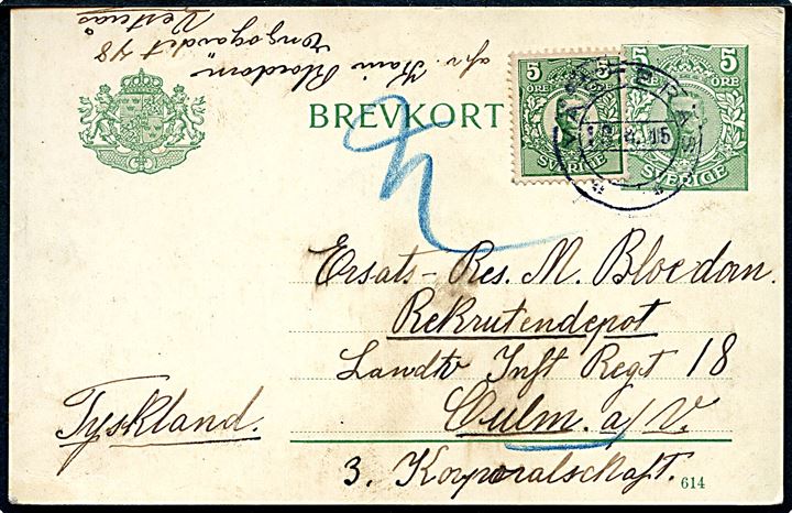 5 öre helsagsbrevkort opfrankeret med 5 öre Gustaf fra Västerås d. 13.4.1915 til svensker i Landw. Inf. Regt. 18 i Culm, Tyskland. Meddelelse skrevet af hustru på svensk.