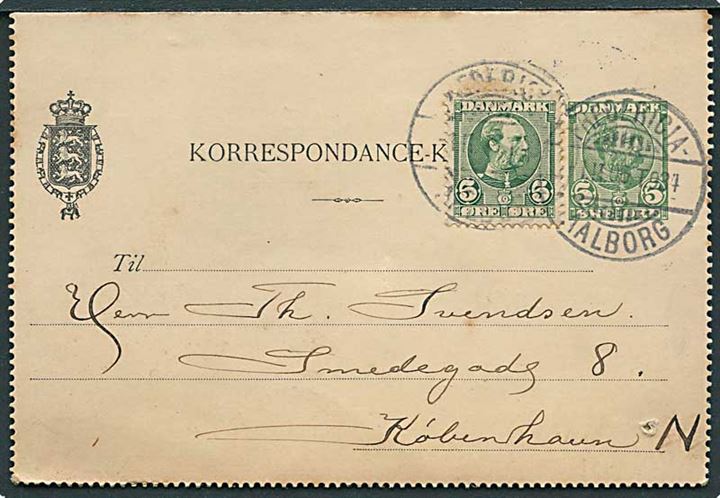 5 øre Chr. IX helsags korrespondancekort opfrankeret med 5 øre Chr. IX fra Skanderborg annulleret med bureaustempel Fredericia - Aalborg T.934 d. 1.11.1906 til København.