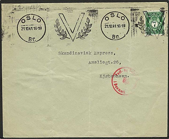 7 øre Posthorn single på tryksag fra Oslo d. 21.10.1941 til København, Danmark. Tysk censur fra både Oslo og København.