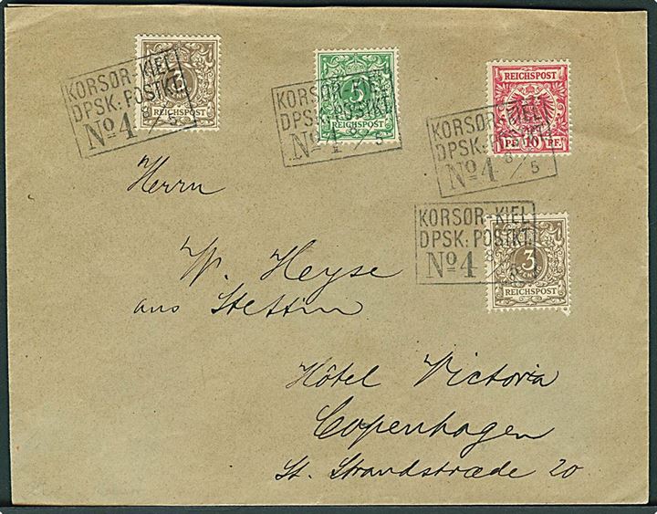 Tysk 3 pfg. (2), 5 pfg. og 10 pfg. på brev annulleret med Korsør - Kiel DKSK: POSTKT: No 4 d. 8.5.1898 til København. Dekorativ forsendelse.