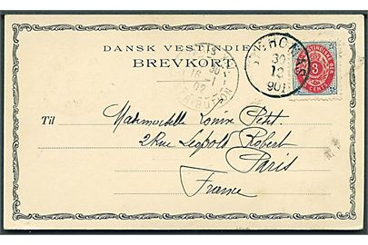 3 cents Tofarvet omv. rm. på brevkort (View from Pier, St. Thomas) stemplet St: Thomas d. 30.12.1901 til Paris, Frankrig. Ank.stemplet i Paris d. 16.1.1902.
